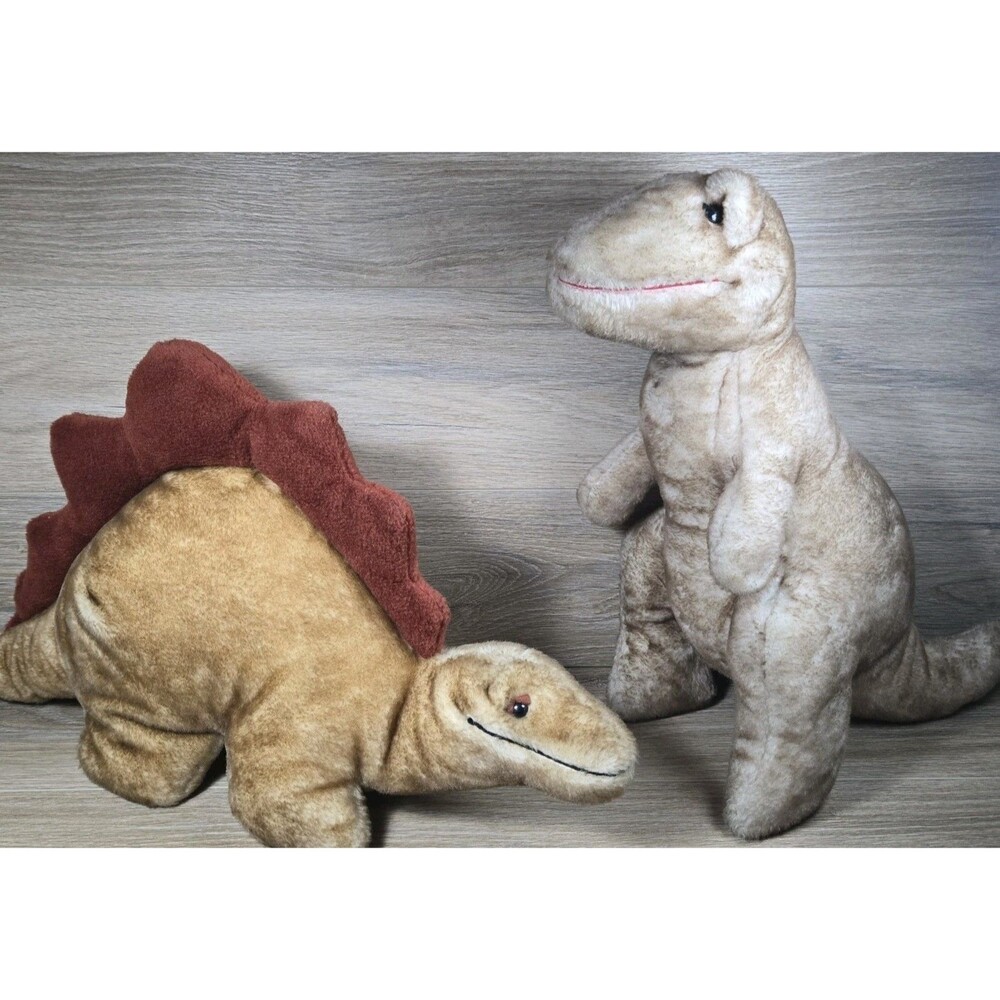 Lot Of 2 Vintage Animal Fair T-Rex & Stegosaurus Dinosaur Plush. Upright Stiff